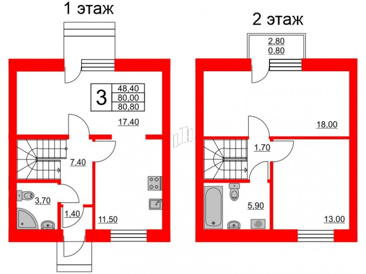 Трёхкомнатная квартира 80.8 м²
