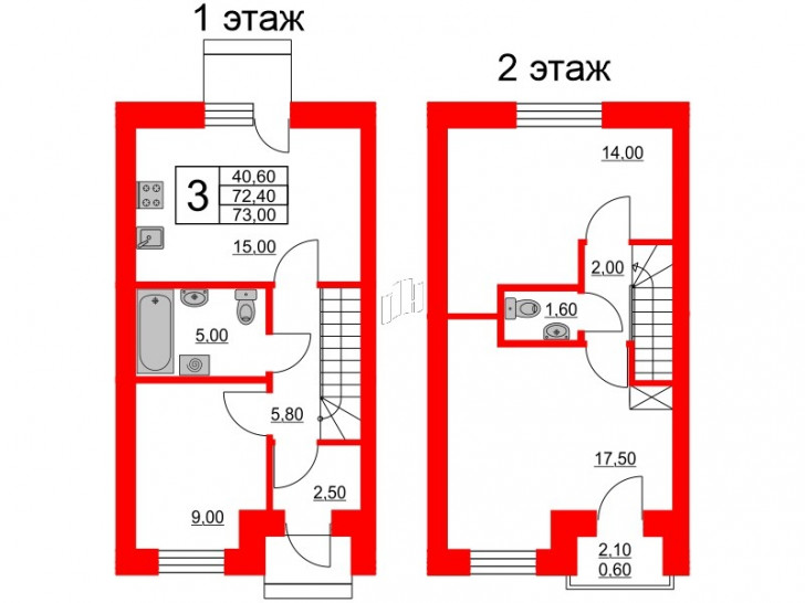 Трёхкомнатная квартира 73 м²