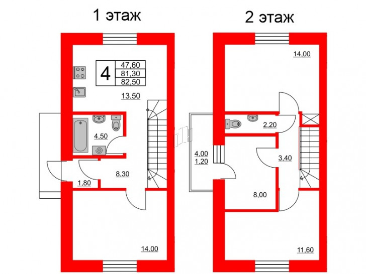 Четырёхкомнатная квартира 82.5 м²