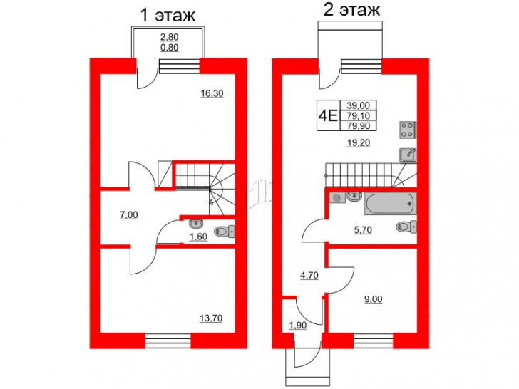Трёхкомнатная квартира 79.9 м²