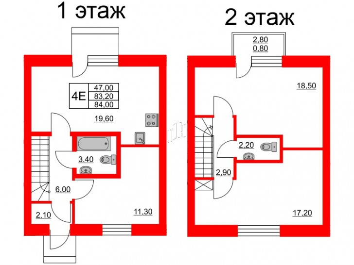 Трёхкомнатная квартира 84 м²