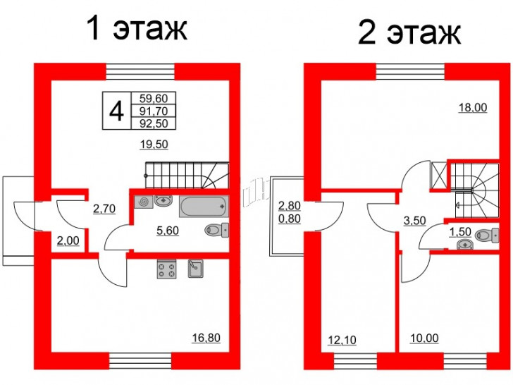 Четырёхкомнатная квартира 92.5 м²