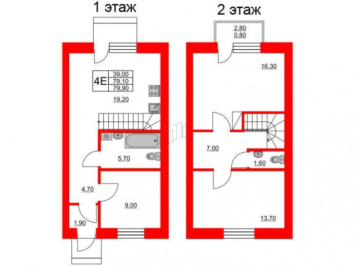 Трёхкомнатная квартира 79.9 м²