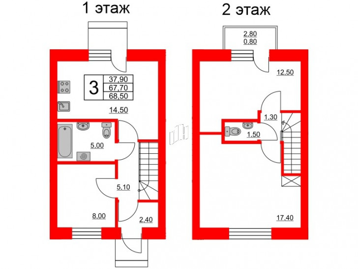 Трёхкомнатная квартира 68.5 м²