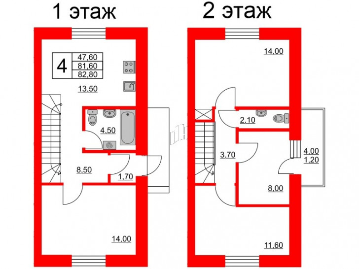 Четырёхкомнатная квартира 82.8 м²