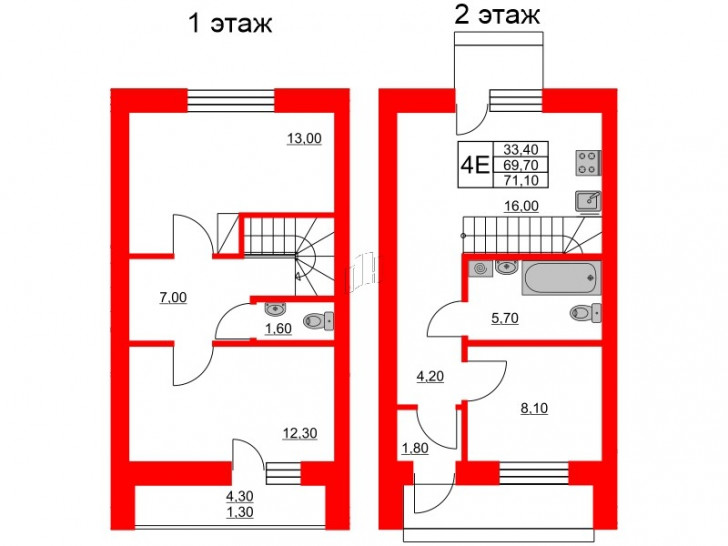 Трёхкомнатная квартира 71 м²