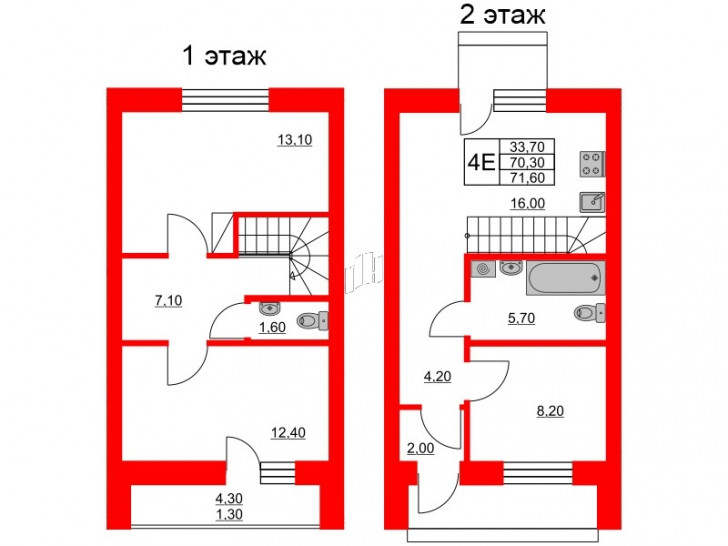 Трёхкомнатная квартира 71.6 м²