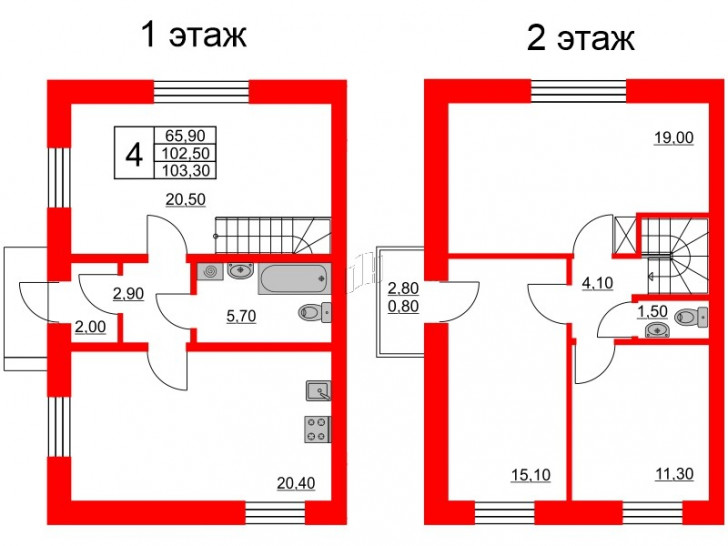 Четырёхкомнатная квартира 103.3 м²