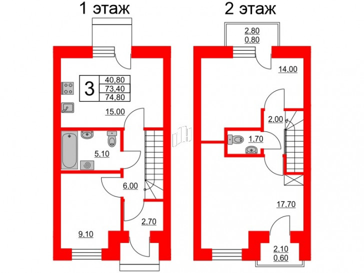 Трёхкомнатная квартира 74.8 м²