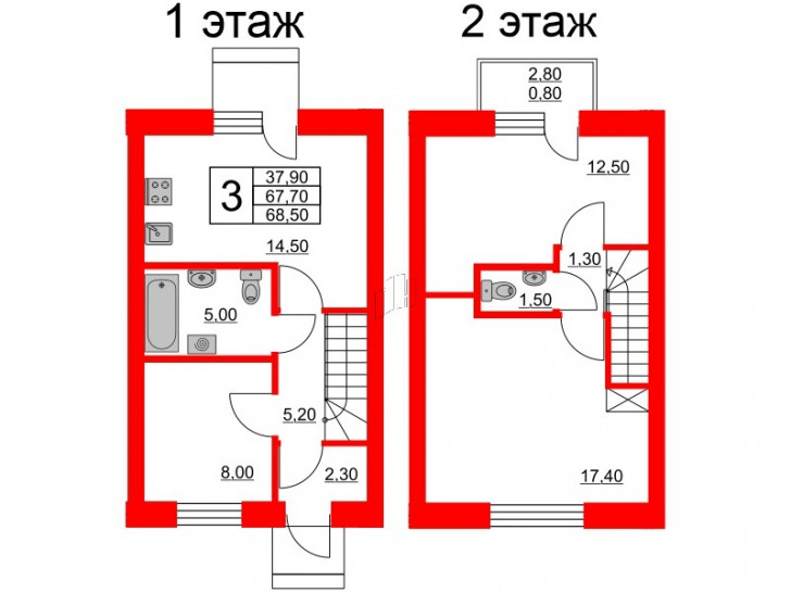 Трёхкомнатная квартира 68.5 м²